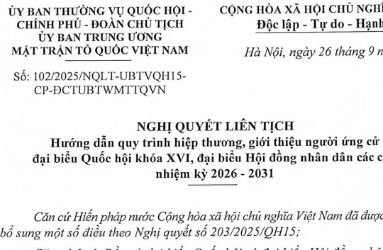 Đã có Nghị quyết liên tịch 102 về giới thiệu người ứng cử đại biểu Quốc hội, đại biểu Hội đồng nhân dân các cấp