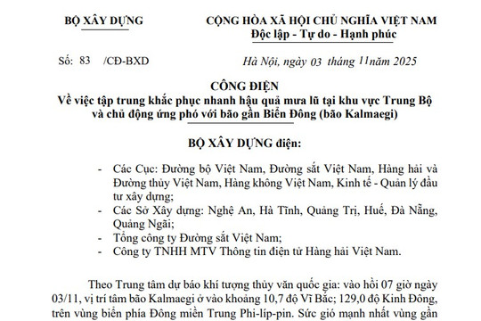 Bộ Xây dựng chỉ đạo ứng phó với bão Kalmaegi theo Công điện 83/CĐ-BXD