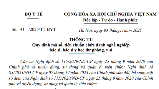 Đã có Thông tư 41/2025/TT-BYT quy định mã số, tiêu chuẩn chức danh nghề nghiệp bác sĩ, y sĩ