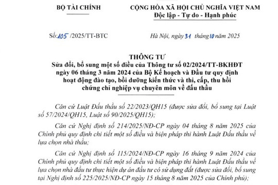 Thông tư 105/2025/TT-BTC: Sửa đổi Thông tư 02/2024/TT-BKHĐT về chứng chỉ nghiệp vụ chuyên môn về đấu thầu