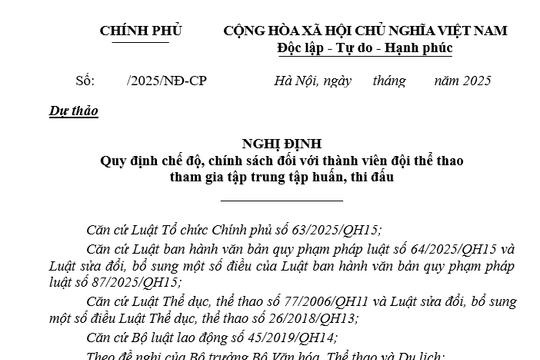 Đã có dự thảo Nghị định quy định chế độ, đối với thành viên đội thể thao tham gia tập huấn, thi đấu