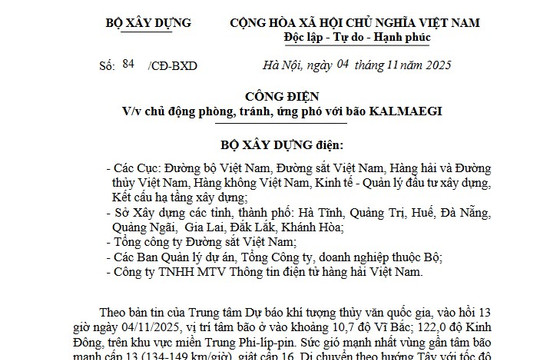 Công điện 84/CĐ-BXD: Chủ động phòng tránh ứng phó với bão KALMAEGI