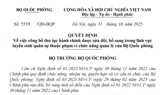 Đã có Quyết định 5519/QĐ-BQP về thủ tục hành chính được sửa đổi, bổ sung trong lĩnh vực Tuyển sinh quân sự