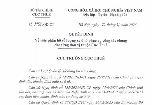 Đã có Quyết định 3452/QĐ-CT phân bổ số lượng xe ô tô phục vụ công tác chung cho từng đơn vị Cục Thuế