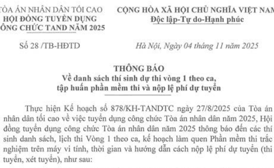 Đã có Thông báo 28/TB-HĐTD danh sách thí sinh dự thi vòng 1 tuyển dụng công chức TAND năm 2025
