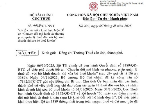 Công văn 4948: Hướng dẫn Đề án Chuyển đổi mô hình và phương pháp quản lý thuế với hộ kinh doanh khi xóa bỏ thuế khoán