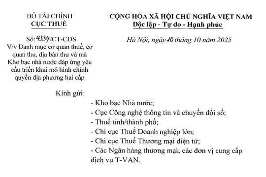 Đã có Công văn 4334/CT-CĐS về danh mục cơ quan thuế, cơ quan thu, địa bàn thu và mã Kho bạc Nhà nước