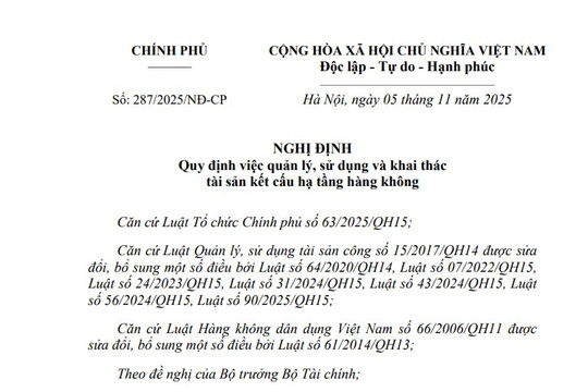 Nghị định 287/2025/NĐ-CP: Quản lý và sử dụng tài sản kết cấu hạ tầng hàng không