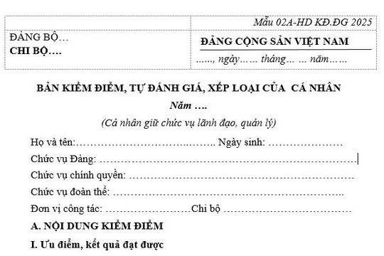 Tải Mẫu bản kiểm điểm cá nhân Đảng viên cuối năm 2025 (Mẫu 02A)