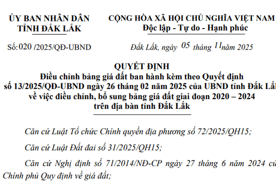 Bảng giá đất Đắk Lắk 2025 mới nhất, sửa đổi bảng giá đất Đắk Lắk 2025 từ 17/11/2025