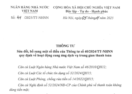 Đã có Thông tư 41/2025/TT-NHNN sửa đổi Thông tư 40/2024 về dịch vụ trung gian thanh toán