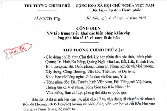 Công điện 210/CĐ-TTg: Tập trung triển khai các biện pháp khẩn cấp ứng phó bão số 13 và mưa lũ sau bão