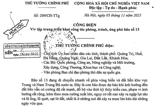 Công điện 209/CĐ-TTg: Tập trung triển khai công tác phòng tránh và ứng phó bão số 13