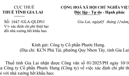 Công văn 1947: Hướng dẫn xác định chi phí thiệt hại đối nhà xưởng hết khấu hao