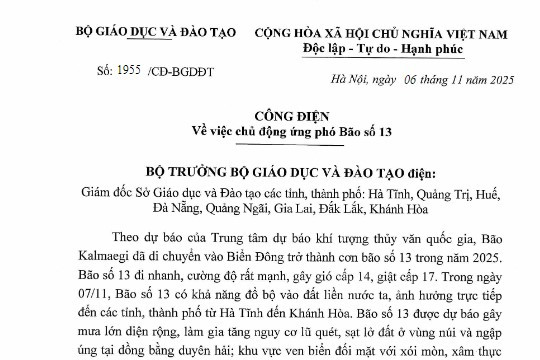 Công điện 1995/CĐ-BGDĐT: Chủ động ứng phó Bão số 13 của Bộ Giáo dục và Đào tạo