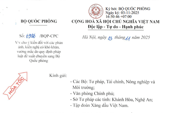 Công văn 6986/BQP-CPC: Chỉ đạo hỏa tốc về các vướng mắc do quy định pháp luật đề xuất chuyển sang Bộ Quốc phòng