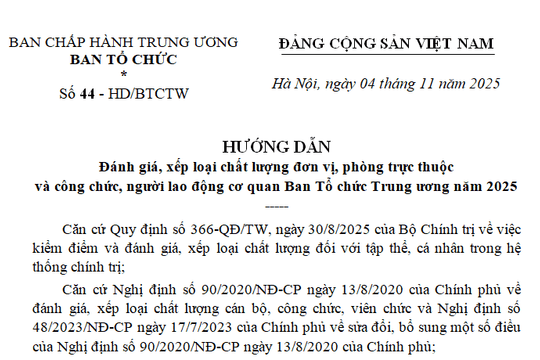 Đã có Hướng dẫn 44-HD/BTCTW đánh giá xếp loại chất lượng đơn vị trực thuộc Ban Tổ chức Trung ương