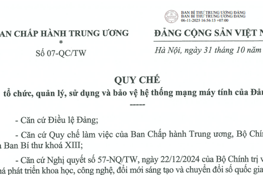 Đã có Quy chế 07-QC/TW về quản lý sử dụng và bảo vệ hệ thống mạng máy tính của Đảng