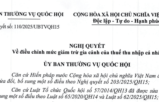 Nghị quyết 110/2025/UBTVQH15 điều chỉnh mức giảm trừ gia cảnh của thuế thu nhập cá nhân như thế nào?