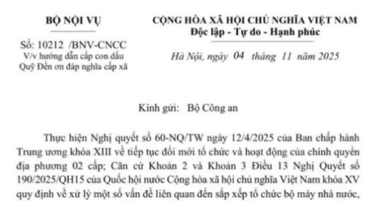 Công văn 10212/BNV-CNCC: Bộ Nội vụ có hướng dẫn mới về cấp con dấu Quỹ Đền ơn đáp nghĩa cấp xã