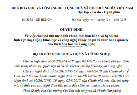 Đã có Quyết định 3578/QĐ-BKHCN công bố TTHC mới lĩnh vực khoa học và công nghệ