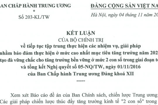 Đã có Kết luận 203-KL/TW về nhiệm vụ giải pháp bảo đảm mục tiêu tăng trưởng năm 2025