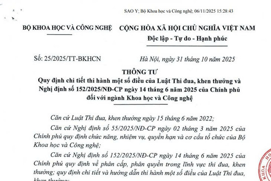 Đã có Thông tư 25/2025/TT-BKHCN hướng dẫn thi đua khen thưởng ngành Khoa học và Công nghệ
