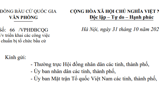 Toàn văn Công văn 66/VPHĐBCQG về triển khai các công việc chuẩn bị tổ chức bầu cử thay thế Công văn 64