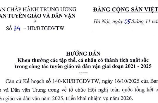 Đã có Hướng dẫn 34-HD/BTGDVTW khen thưởng tập thể cá nhân trong công tác tuyên giáo và dân vận