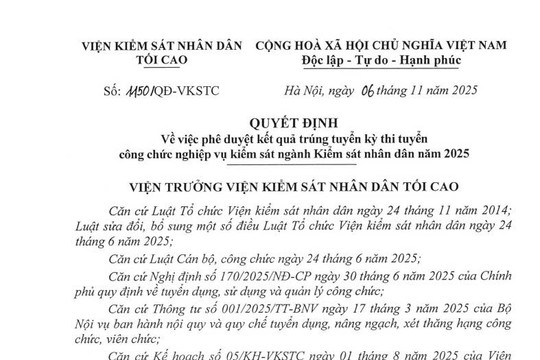 Công bố danh sách 334 thí sinh trúng tuyển công chức nghiệp vụ kiểm sát ngành Kiểm sát nhân dân năm 2025
