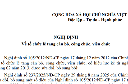 Đã có Văn bản hợp nhất về tổ chức lễ tang cán bộ công chức viên chức (Nghị định 5968/VBHN-BVHTTDL)