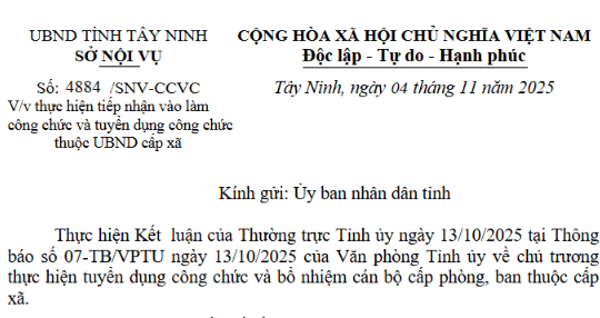 Công văn 4884: Chỉ đạo mới về tiếp nhận vào làm công chức và tuyển dụng công chức thuộc UBND cấp xã tại Tây Ninh