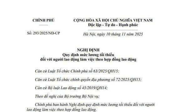 Toàn văn Nghị định 293/2025/NĐ-CP mức lương tối thiểu vùng từ 01/01/2026 với người lao động