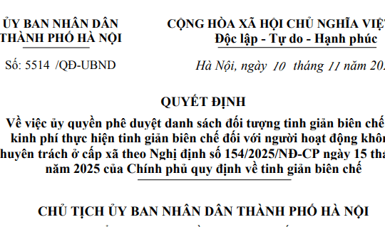 Quyết định 5514/QĐ-UBND: Chỉ đạo mới về tinh giản biên chế đối với cán bộ không chuyên trách cấp xã tại Hà Nội