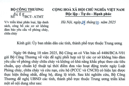 Công văn 8465/BCT-ATMT triển khai công bố cơ sở không đảm bảo phòng cháy chữa cháy