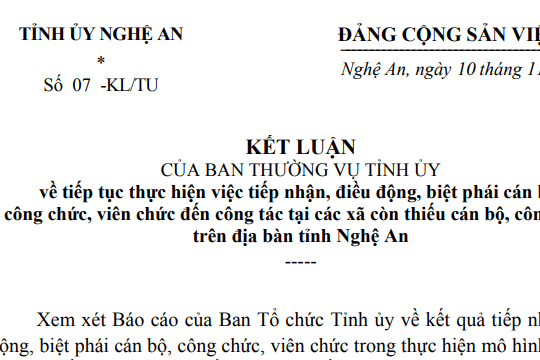 Toàn văn kết luận về tiếp tục điều động biệt phái cán bộ công chức viên chức tại Nghệ An (Kết luận 07-KL/TU)
