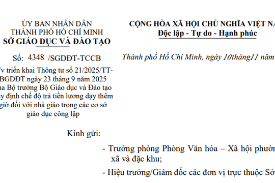 Đã có Công văn 4348/SGDĐT-TCCB hướng dẫn Thông tư 21 về tiền lương dạy thêm giờ đối với giáo viên