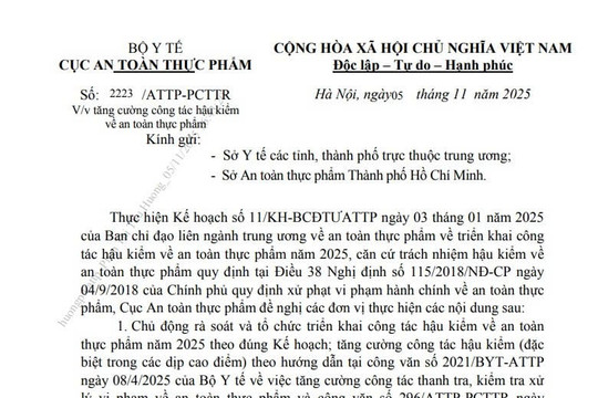 Công văn 2223/ATTP-PCTTR: Tăng cường công tác hậu kiểm về an toàn thực phẩm