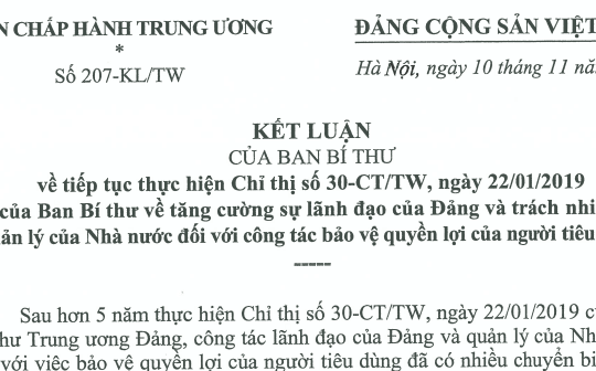 Đã có Kết luận 207-KL/TW tiếp tục thực hiện Chỉ thị 30 về công tác bảo vệ quyền lợi của người tiêu dùng