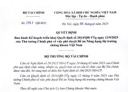 Đã có Quyết định 3761/QĐ-BTC phê duyệt Đề án Nâng hạng thị trường chứng khoán Việt Nam