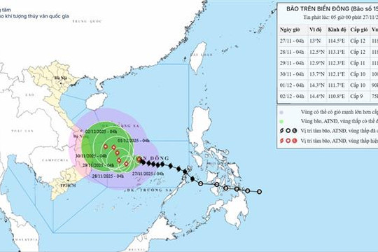 Thời tiết ngày 27/11: Bão số 15 mạnh cấp 12 giật cấp 15, di chuyển phức tạp trên Biển Đông