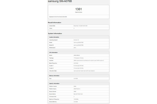 Samsung Galaxy A07 5G lộ diện: Hiệu năng GPU ấn tượng, cài sẵn Android 16