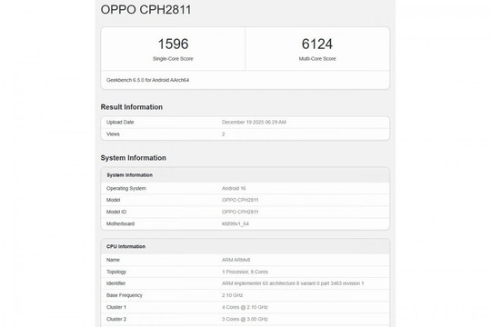 Reno15 Pro Max lộ diện trên Geekbench với chip Dimensity 8450
