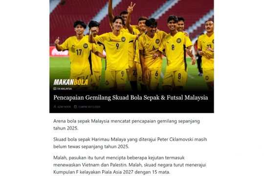 Bóng đá Malaysia coi các chiến thắng trước Việt Nam là thành tựu lịch sử năm 2025
