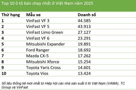 Top 10 ô tô bán chạy nhất Việt Nam 2025: Xe điện chiếm lĩnh ngôi đầu