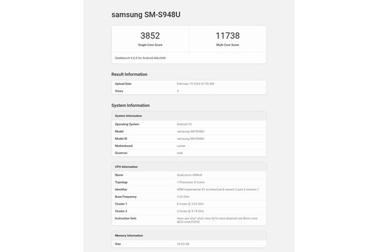 Galaxy S26 Ultra lộ điểm hiệu năng Geekbench: Sức mạnh vượt trội từ Snapdragon 8 Elite Gen 5