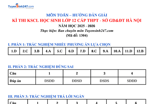 Đáp án đề khảo sát Toán 12 Hà Nội 2026