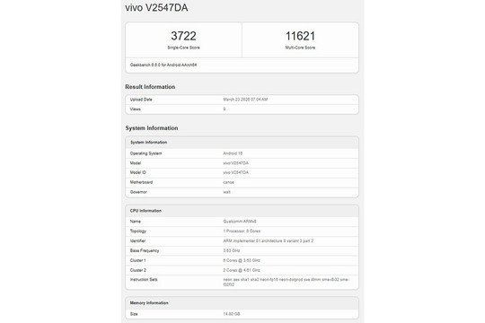 vivo X300 Ultra lộ hiệu năng quái vật trên Geekbench: Chip Snapdragon 8 Elite Gen 5 và RAM 16GB