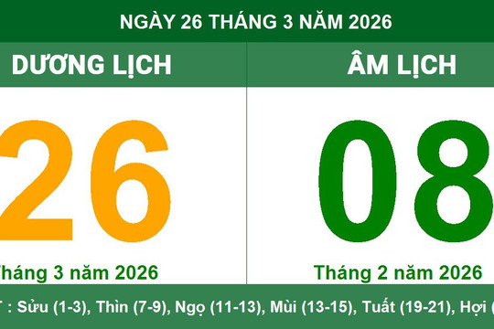 Lịch Âm Dương ngày 26/3/2026: Ngày Tiểu Cát mang lại vận may và thuận lợi