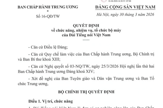 TOÀN VĂN: Quyết định số 16-QĐ/TW về chức năng, nhiệm vụ, tổ chức bộ máy của Đài Tiếng nói Việt Nam